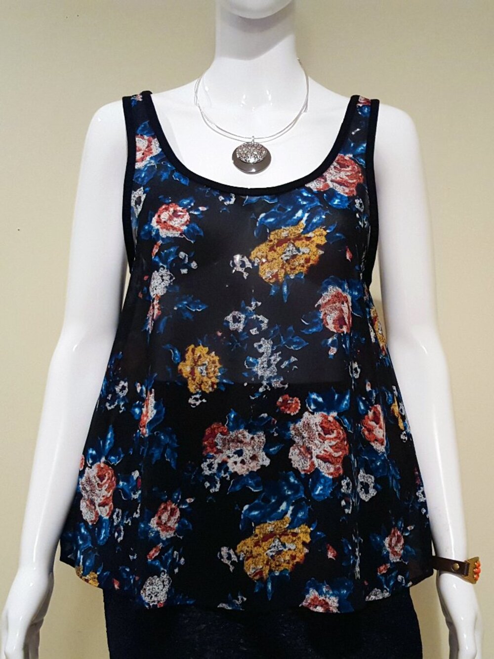 Mudd Floral Tank Top Junior M Black Sheer Chiffon High Low Sleeveless Blouse